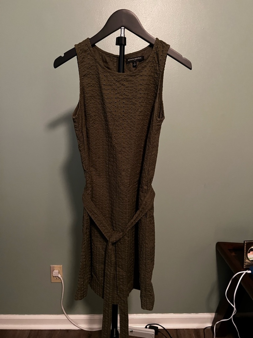 Banana Republic Olive Eyelet Sleeveless Midi Dress with Waist Tie